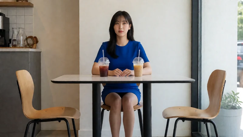 虚构成年东亚女主穿蓝色短裙坐在咖啡馆双人桌旁,对面椅子空着
