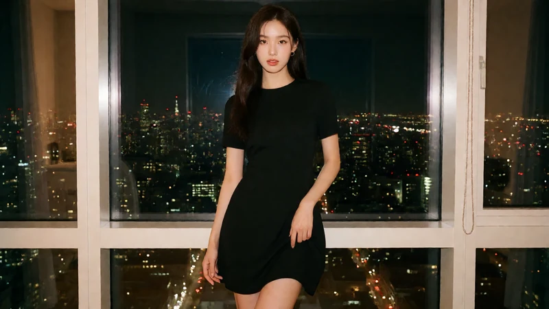 虚构成年东亚女性穿黑色短裙站在傍晚城市窗景前